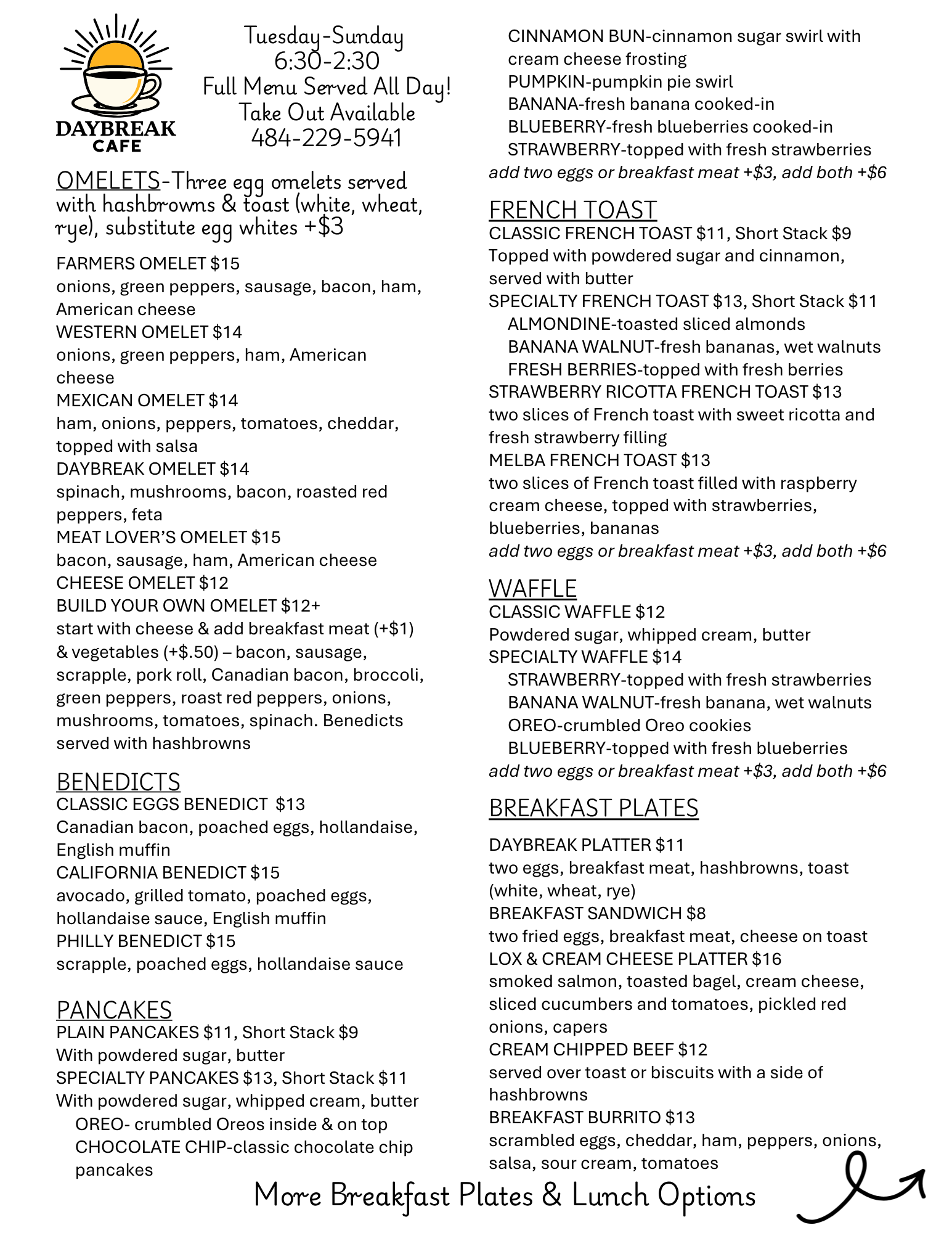 Daybreak Cafe Menu Page 1