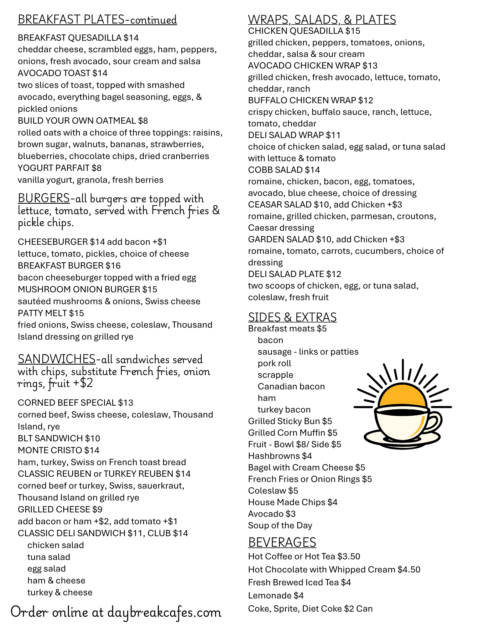 Daybreak Cafe Menu Page 2